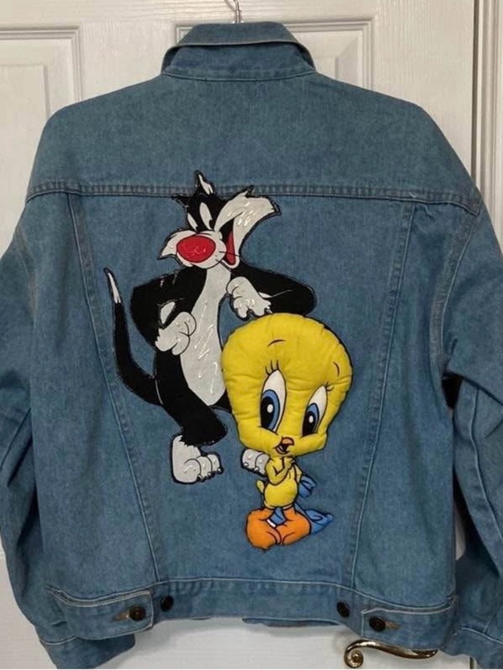 Denim looney tunes Jacket with 3d patented Tweety,hand paintedSylvester - Blue